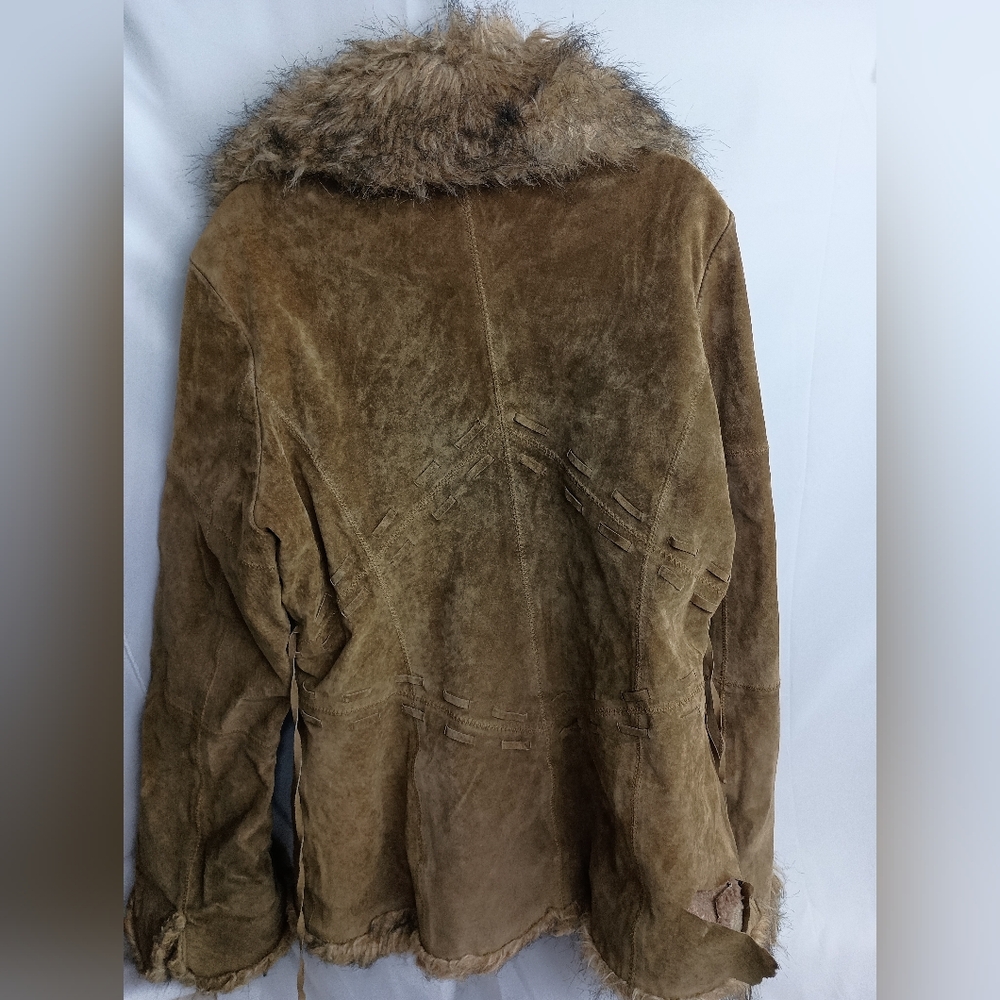 XOXO coatigan leather sherpa vintage brown Y2K‎  Winter Faux Fur Trimmed Jacket - Picture 7 of 12